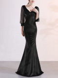 sexy velvet crystal diamond chain bride clothing winter long-sleeved mermaid long evening dress