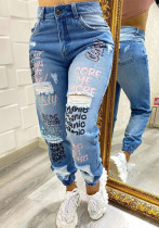 Trendy Midi Waist Jeans Letter print ripped Cutout Denim Pants