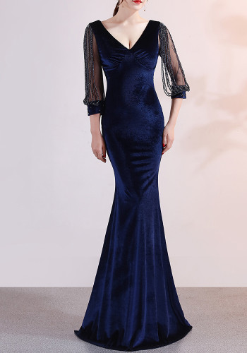 sexy velvet crystal diamond chain bride clothing winter long-sleeved mermaid long evening dress