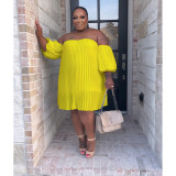 Fashion Plus Size Women's Chiffon Pufff Sleeve Drape Pleated off shoulder loose Dress