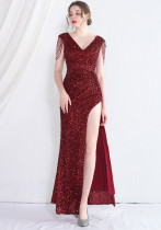 Sexy Slit V-neck long sequins Plus Size Beauty Formal Party Evening Dress Sexy Slit V-neck long sequins Plus Size Beauty Formal Party Evening Dress