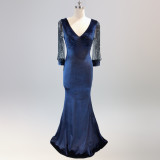 sexy velvet crystal diamond chain bride clothing winter long-sleeved mermaid long evening dress
