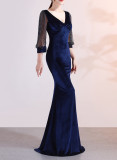 sexy velvet crystal diamond chain bride clothing winter long-sleeved mermaid long evening dress