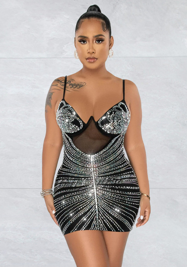 Women's Fashion Beaded Mesh straps Sleeveless club Dress
