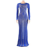 Sexy Rhinestone Beaded Long Sleeve Evening Dress