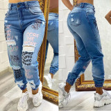 Trendy Midi Waist Jeans Letter print ripped Cutout Denim Pants