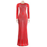 Sexy Rhinestone Beaded Long Sleeve Evening Dress