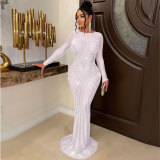 Sexy Rhinestone Beaded Long Sleeve Evening Dress