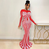 Sexy Rhinestone Beaded Long Sleeve Evening Dress