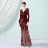 Sexy long sequins Long Sleeve Plus Size Beauty Formal Party Evening Dress