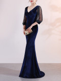 sexy velvet crystal diamond chain bride clothing winter long-sleeved mermaid long evening dress
