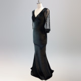 sexy velvet crystal diamond chain bride clothing winter long-sleeved mermaid long evening dress