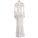 Sexy Rhinestone Beaded Long Sleeve Evening Dress