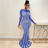 Sexy Rhinestone Beaded Long Sleeve Evening Dress