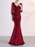 sexy velvet crystal diamond chain bride clothing winter long-sleeved mermaid long evening dress