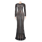 Sexy Rhinestone Beaded Long Sleeve Evening Dress