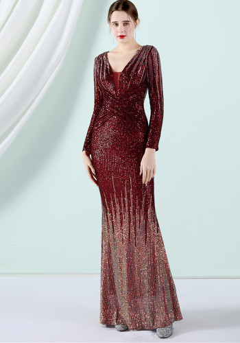 Sexy long sequins Long Sleeve Plus Size Beauty Formal Party Evening Dress