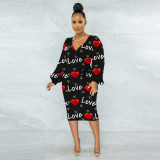 Sexy Plus Size Slim Print V-neck Midi Dress