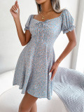 Women Casual Bell Bottom Sleeve Drawstring Floral Dress