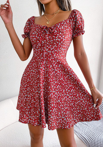 Women Casual Bell Bottom Sleeve Drawstring Floral Dress