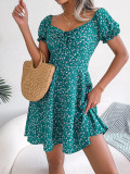 Women Casual Bell Bottom Sleeve Drawstring Floral Dress