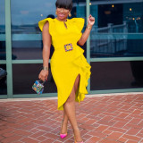 Plus Size Women Solid Irregular Slit Formal Party Dress