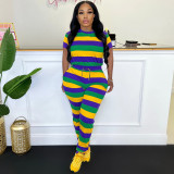 Women Striped Print Round Neck Short Sleeve Top and Pants Two-Piece Set