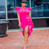 Plus Size Women Solid Irregular Slit Formal Party Dress