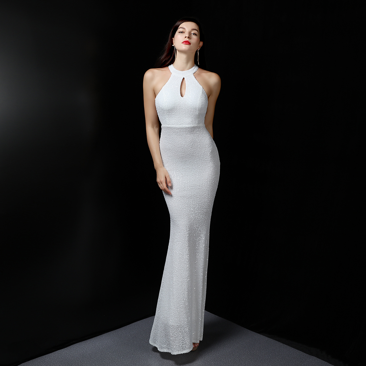Women Elegant Hater Neck Sleeveless Formal Party Maxi Mermaid Evening Dress