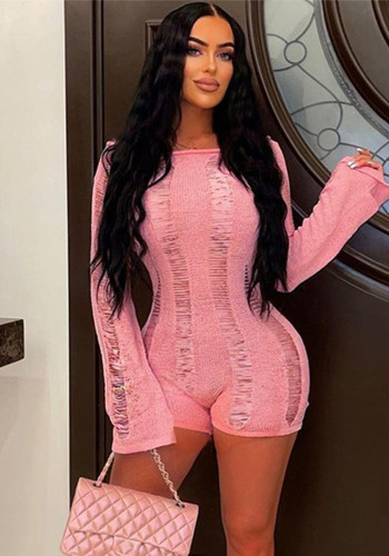 Women Sexy Off Shoulder Cutout Ripped Backless Knitting Bodycon Romper