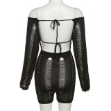 Women Sexy Off Shoulder Cutout Ripped Backless Knitting Bodycon Romper