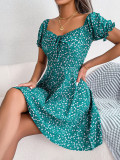 Women Casual Bell Bottom Sleeve Drawstring Floral Dress