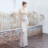 Women Elegant Hater Neck Sleeveless Formal Party Maxi Mermaid Evening Dress