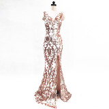 Mesh Embroidered Sequins Long Slim Mermaid Dress Women Formal Fashion Party Dress