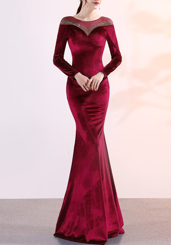 velvet Formal Party Evening Dress Winter Long Sleeve Corporate Annual Meeting Long Fishtail Party Dress