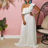 Women's Slash Shoulder Low Back Ruffled Sexy Top Pleated Wide Leg Pant Two-Piece Set