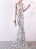 Mesh Embroidered Sequins Long Slim Mermaid Dress Women Formal Fashion Party Dress