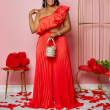 Women's Slash Shoulder Low Back Ruffled Sexy Top Pleated Wide Leg Pant Two-Piece Set