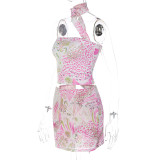 Women's Spring Summer Street Style Halter Neck Tank Top Short Bodycon Print Dress Two-Piece Set