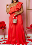 Women's Slash Shoulder Low Back Ruffled Sexy Top Pleated Wide Leg Pant Two-Piece Set