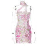 Women's Spring Summer Street Style Halter Neck Tank Top Short Bodycon Print Dress Two-Piece Set
