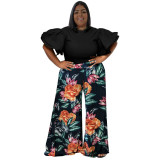 Spring Ladies Round Neck Ruffled Short Sleeve Top Printed Wide Leg Pants Two Piece Set