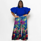 Spring Ladies Round Neck Ruffled Short Sleeve Top Printed Wide Leg Pants Two Piece Set