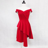 Evening Dress Winter Short Formal Party Dress Women'S Fashion Off Shoulder Solid Irregular Bridesmaid Dress