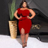 Spring Summer Plus Size Fashion Casual Ruffled Slit One Shoulder Bodycon Slit Dress