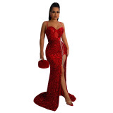 Women'S Sexy Straps Sleeveless Sequined Slit Long Evening Dress