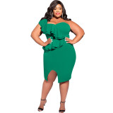 Spring Summer Plus Size Fashion Casual Ruffled Slit One Shoulder Bodycon Slit Dress