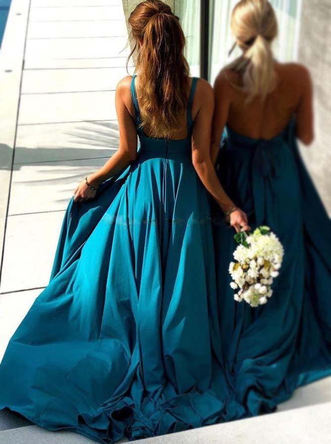Straps Deep V Sexy Backless Long Dress Bridesmaid Dresses