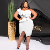 Spring Summer Plus Size Fashion Casual Ruffled Slit One Shoulder Bodycon Slit Dress
