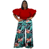 Spring Ladies Round Neck Ruffled Short Sleeve Top Printed Wide Leg Pants Two Piece Set